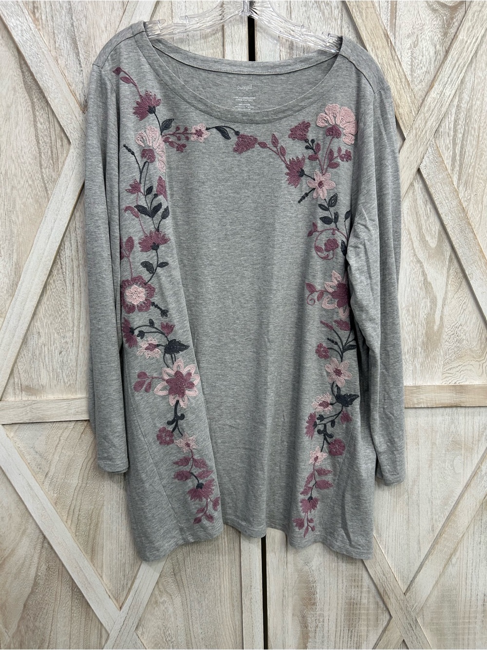 Women's Gray Floral Embroidered Long Sleeve Tunic